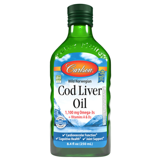 Carlson cod liver oil bottle ready for daily omega-3 intake
