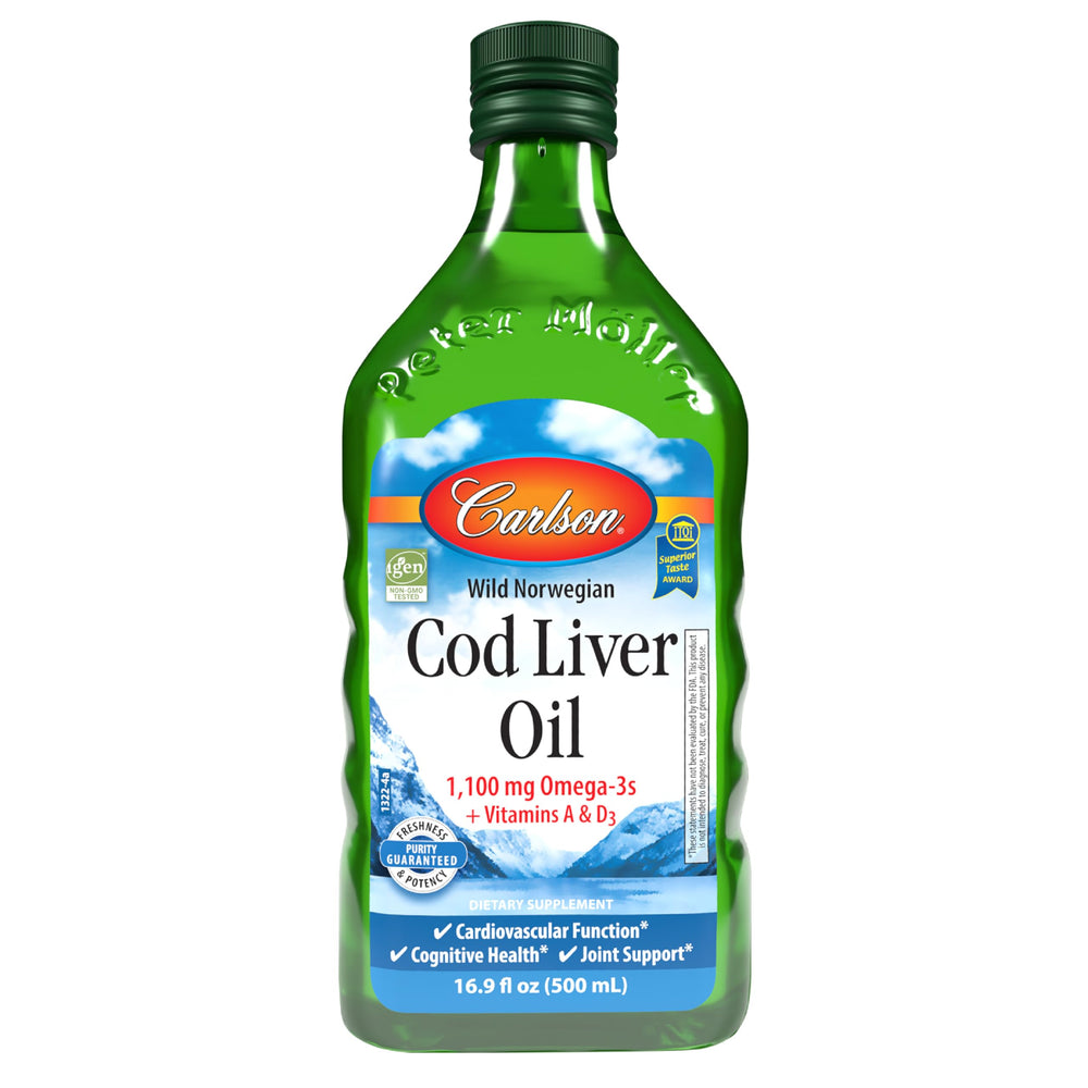 Carlson cod liver oil bottle unflavored 500 ml for daily omega-3 intake.