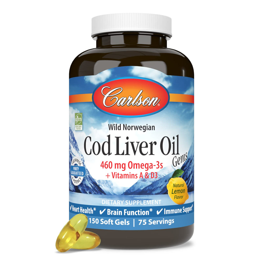 Carlson cod liver oil gems Arctic Norwegian origin badge visible for trusted daily wellness