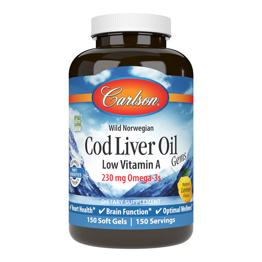 Carlson cod liver oil gems bottle label highlights purity and Arctic origin for daily wellness.