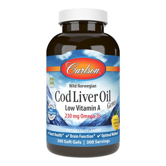 Carlson Cod Liver Oil Gems bottle on counter for daily wellness