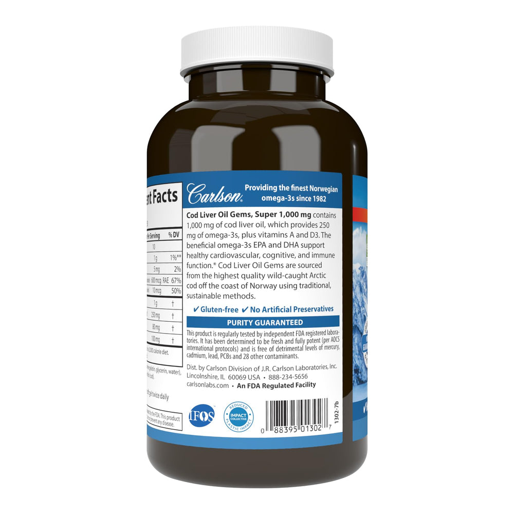 Carlson cod liver oil gems label emphasizes ingredients and dosage for daily use