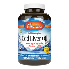 Carlson cod liver oil gems lemon bottle for daily omega-3 and essential vitamins in a convenient softgel