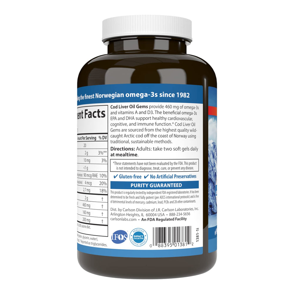 Carlson cod liver oil gems lemon softgels pack, compact for travel and daily routines