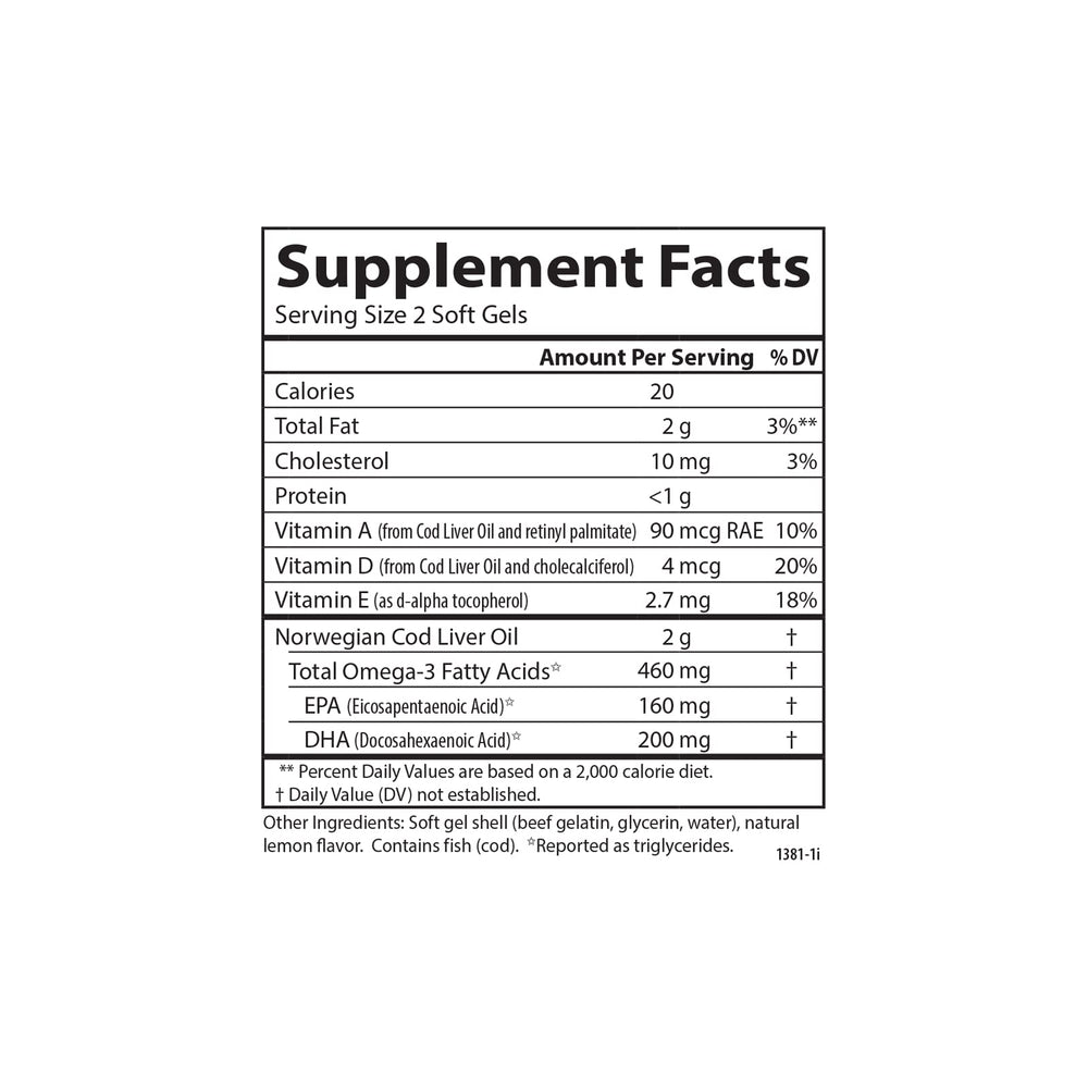 Carlson cod liver oil gems wild-caught cod source shown on label, signaling omega-3 richness