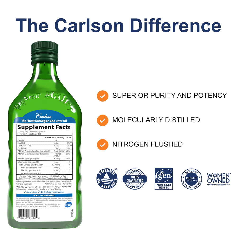 Carlson cod liver oil label close-up showing purity and trusted ingredients.