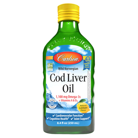 Carlson cod liver oil lemon bottle demonstrates easy daily omega-3 support for heart and brain health