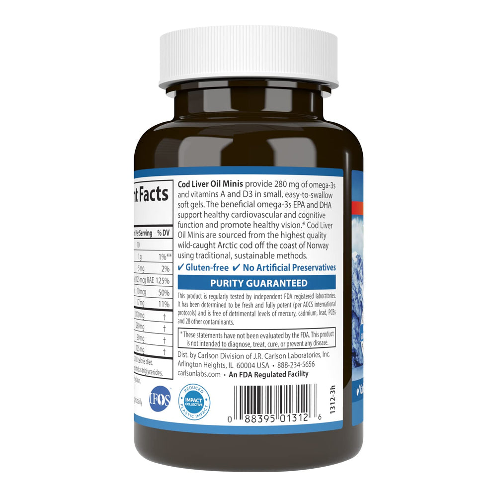 Close up of Carlson Cod Liver Oil Minis mini gels for easy daily intake