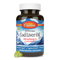 Packaging showing IFOS certification for Carlson Cod Liver Oil Minis
