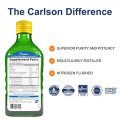Carlson cod liver oil omega-3 pouring shot highlights precise dosing and quick absorption benefits