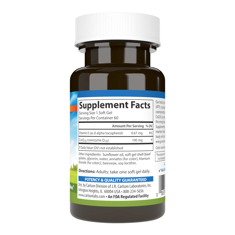 Carlson Co-Q10 softgels label highlights 100 mg potency per capsule.