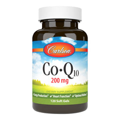 Carlson Co-Q10 200 mg softgels bottle on shelf for daily energy support.