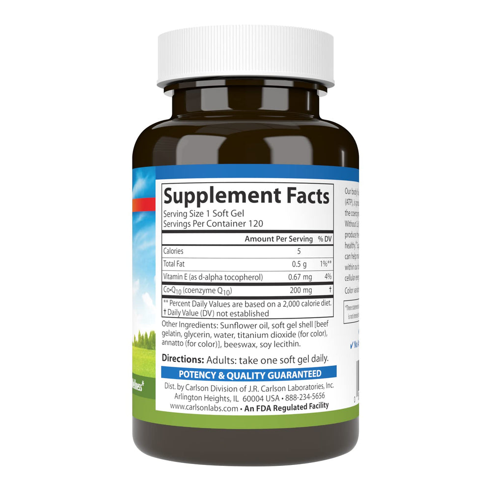 Close-up of Carlson Co-Q10 softgels highlighting easy-to-swallow texture.