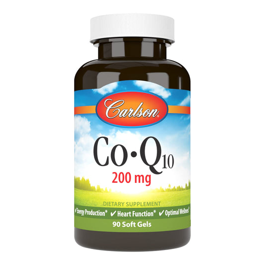 Carlson Co-Q10 softgels bottle closeup highlighting energy support