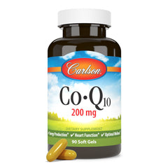 Two Carlson Co-Q10 softgels on white background for convenient daily dosage