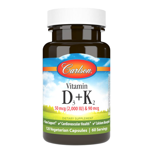 Carlson D3 + K2 bottle shows the 2000 IU D3 and MK-7 90 mcg for bone support