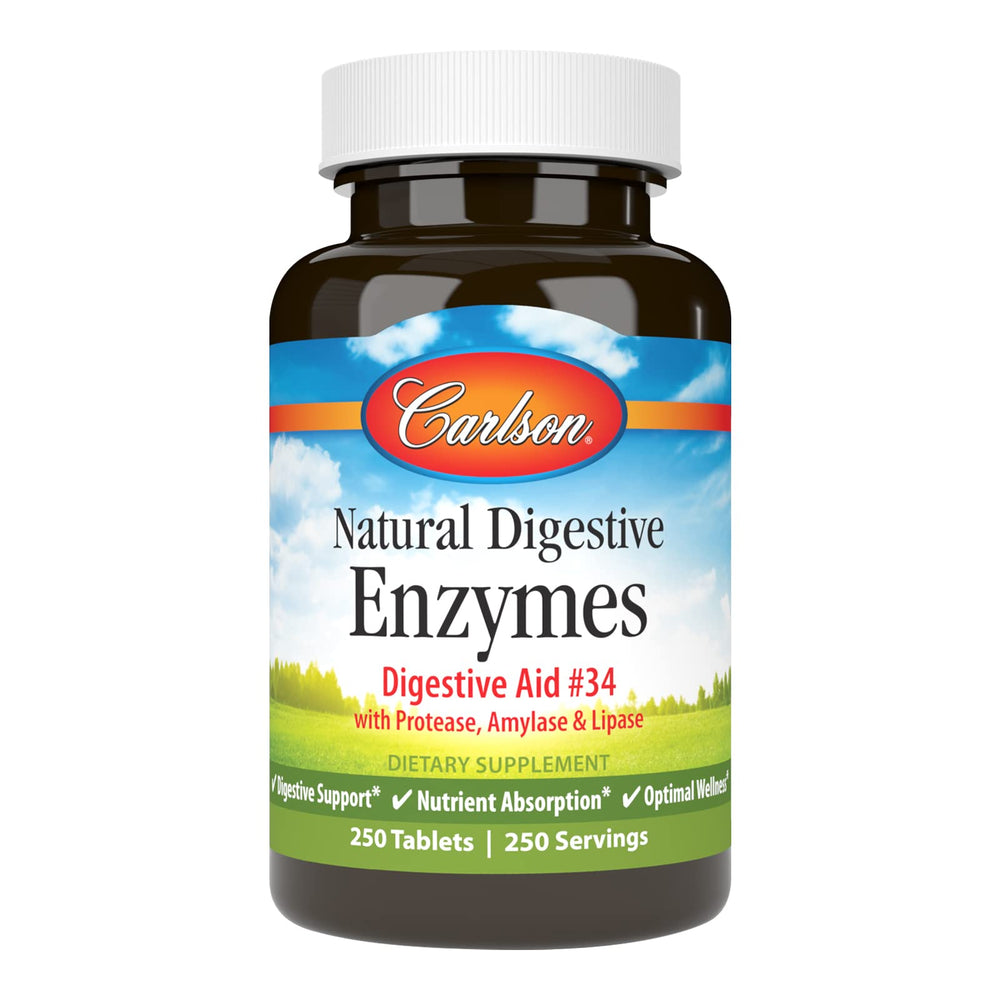 Carlson digestive enzymes tablets bottle on white background for everyday digestive support.