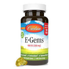 Carlson E-Gems softgel bottle shows 400 IU vitamin E for daily wellness.