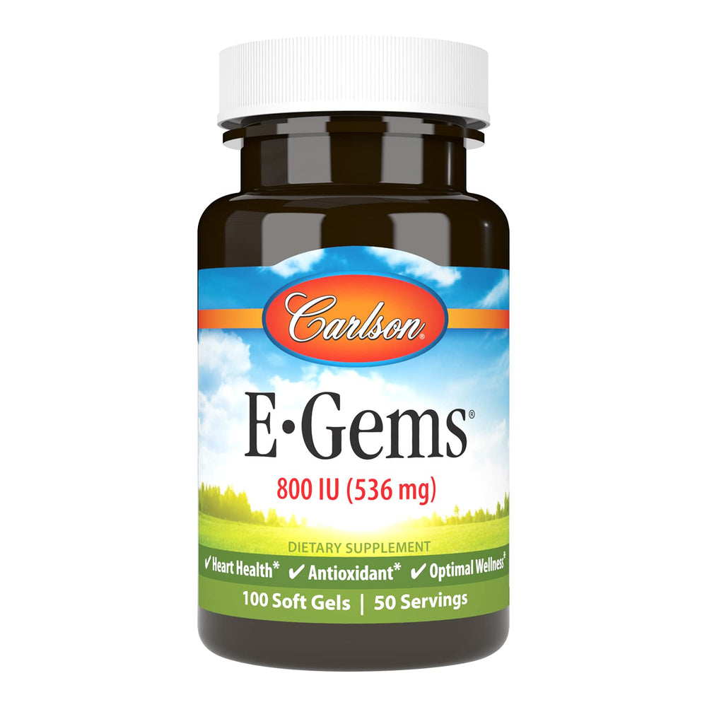 Carlson E-Gems bottle close-up highlight natural-source vitamin E soft gels for daily use.