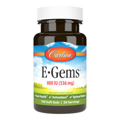 Carlson E-Gems bottle close-up highlight natural-source vitamin E soft gels for daily use.