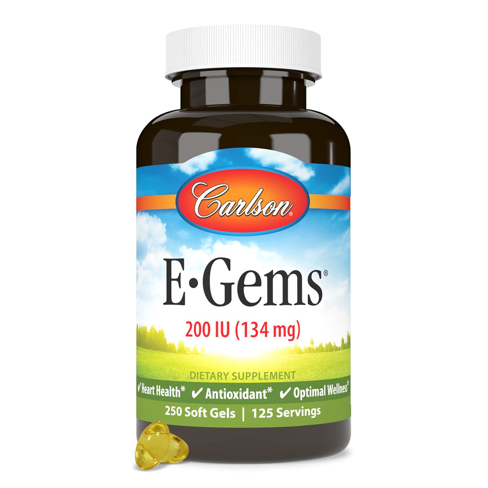 Carlson E-Gems bottle front showing natural-source vitamin E soft gels for daily wellness.