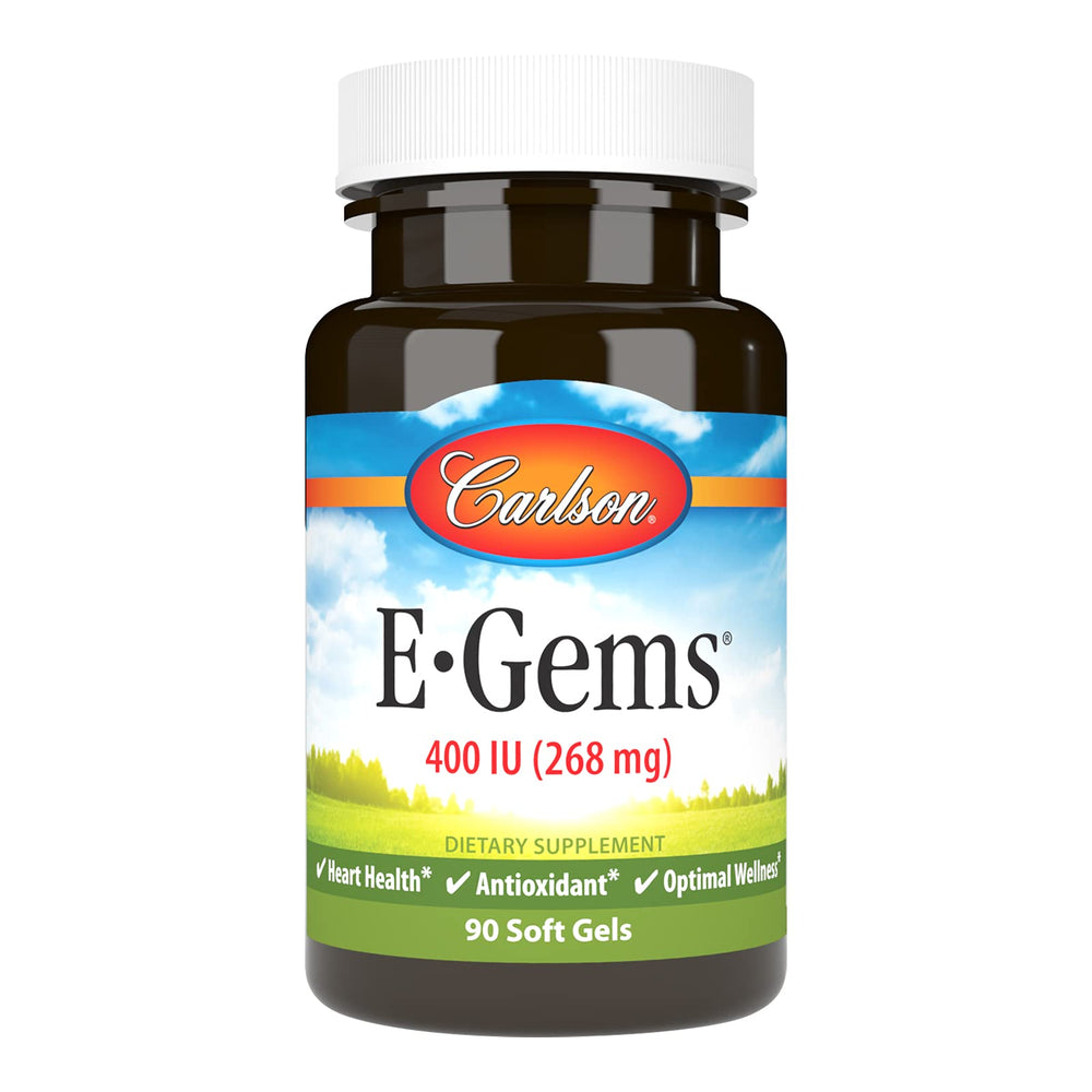 Carlson E-Gems Vitamin E bottle front view highlighting heart health support.
