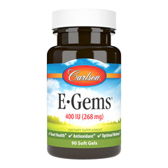 Carlson E-Gems Vitamin E bottle front view highlighting heart health support.