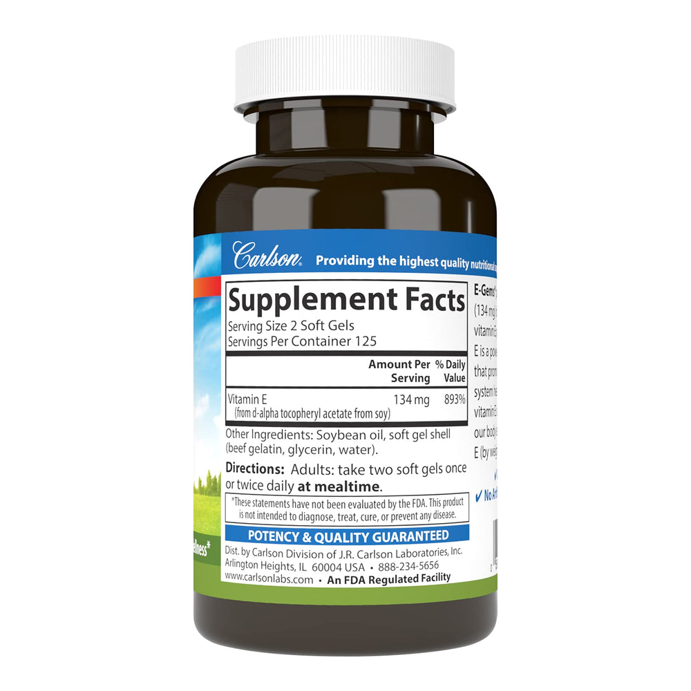 Carlson E-Gems bottle label highlighting 200 IU of vitamin E.