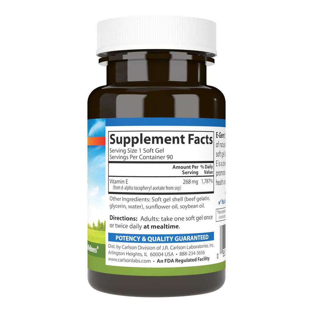 Carlson E-Gems bottle side view shows dosage and 400 IU vitamin E.