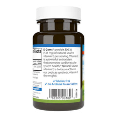 Carlson E-Gems bottle side view emphasizes easy-to-swallow capsules.