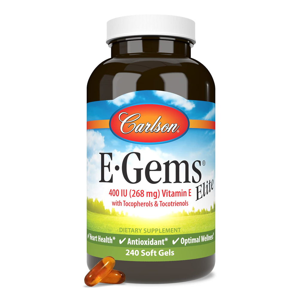 Inside view of Carlson E-Gems Elite bottle and softgels