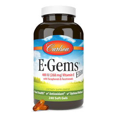 Inside view of Carlson E-Gems Elite bottle and softgels