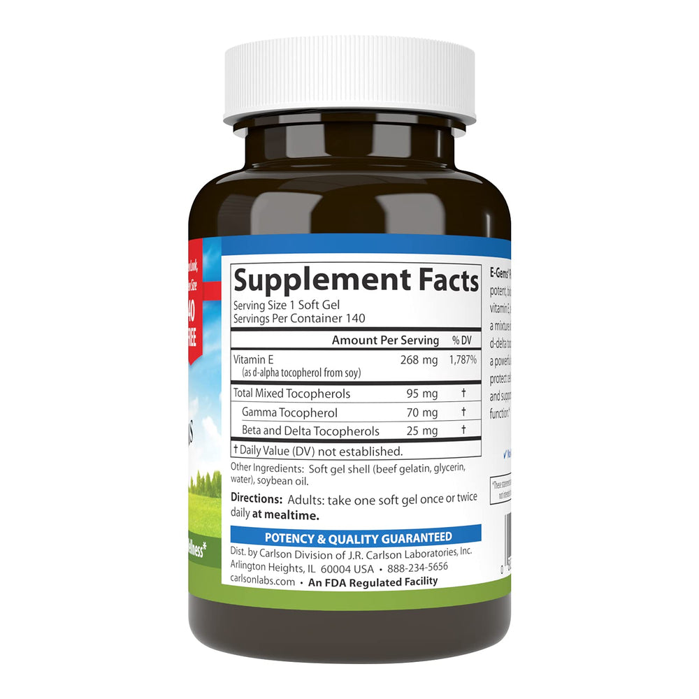 Carlson E-Gems Plus 400 IU soft gels in hand for easy daily use