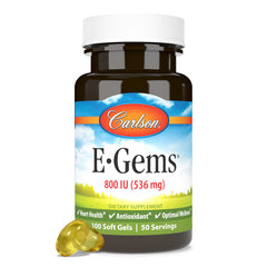 Out-of-pack view of E-Gems soft gels for daily supplementation.