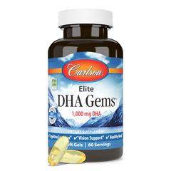 Carlson Elite DHA Gems sustainably sourced badge reinforces ethical choice for mindful consumers.