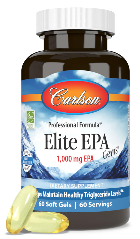 Carlson Elite EPA Gems bottle with 1000 mg EPA softgels for daily intake.