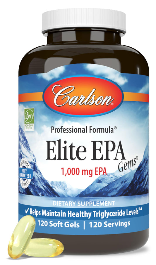 Carlson Elite EPA Gems bottle front with Norwegian wild-caught omega-3 label