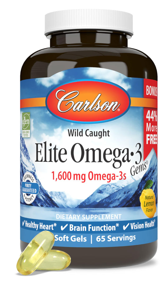 Carlson Elite Omega-3 Gems bottle front view for daily wellness.