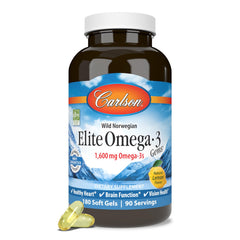 Carlson Elite Omega-3 Gems bottle on wooden table lifestyle shot
