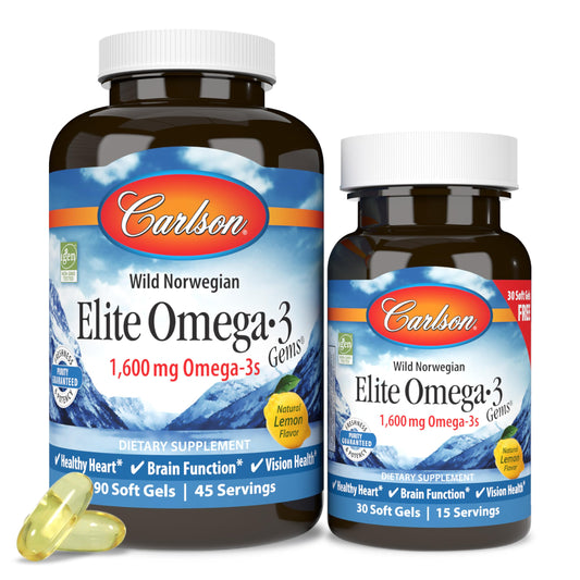 Carlson Elite Omega-3 Gems bottle with lemon softgels for daily use