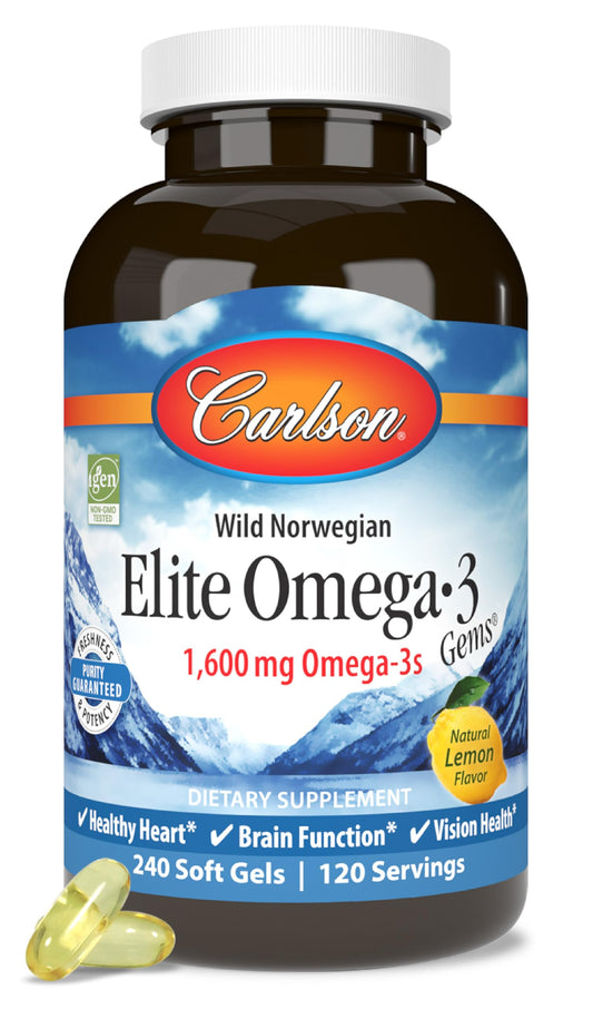 Carlson Elite Omega-3 Gems lemon softgels in bottle for easy daily omega-3 intake