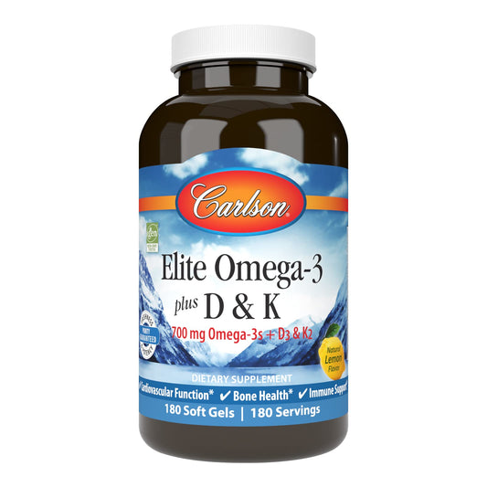 Carlson Elite Omega-3 Plus D&K Lemon bottle highlights 700 mg omega-3s for daily wellness.