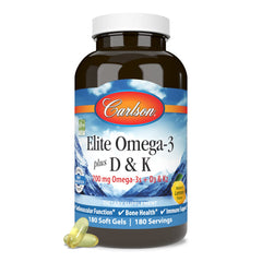 Carlson Elite Omega-3 Plus D&K Lemon bottle on kitchen counter.