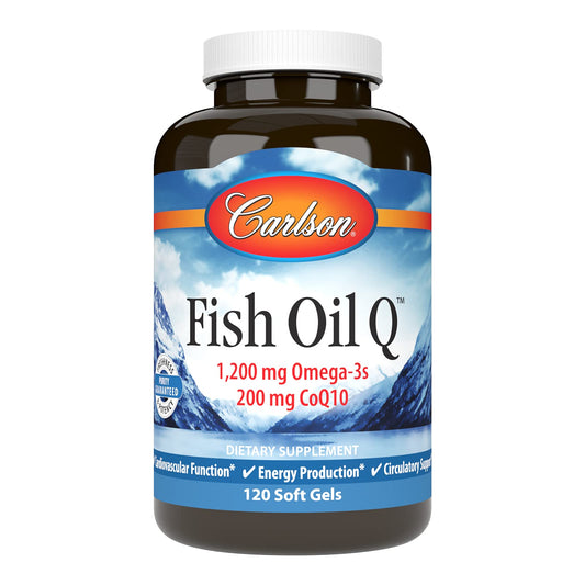 Carlson Fish Oil Q bottle reveals 1200 mg omega-3s per serving for daily energy support
