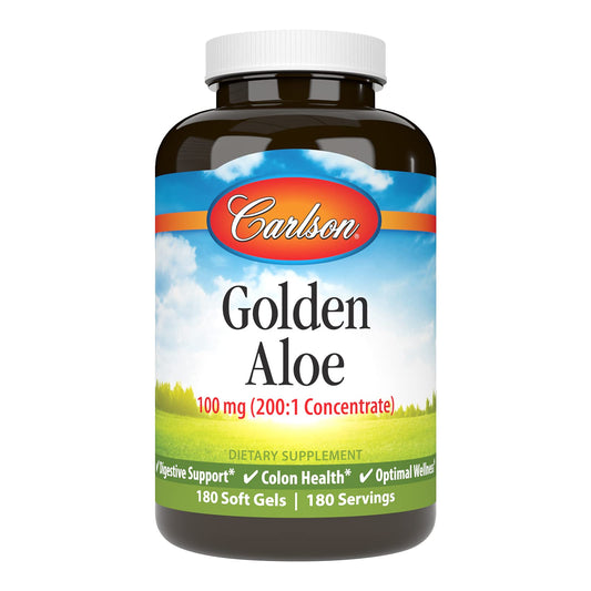Carlson Golden Aloe 100 mg bottle closeup highlighting potency for daily digestive support