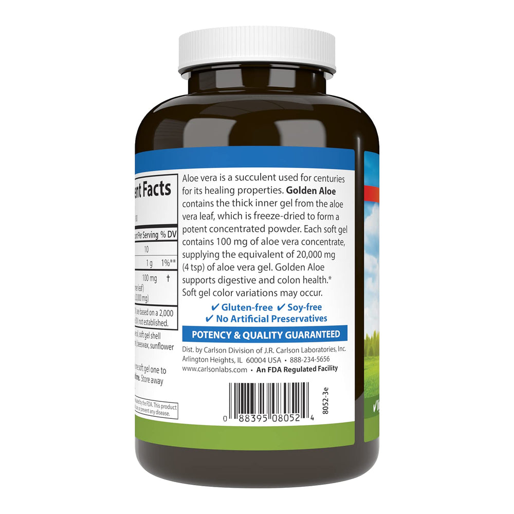 Carlson Golden Aloe bottle nutrition label showing 100 mg concentrate