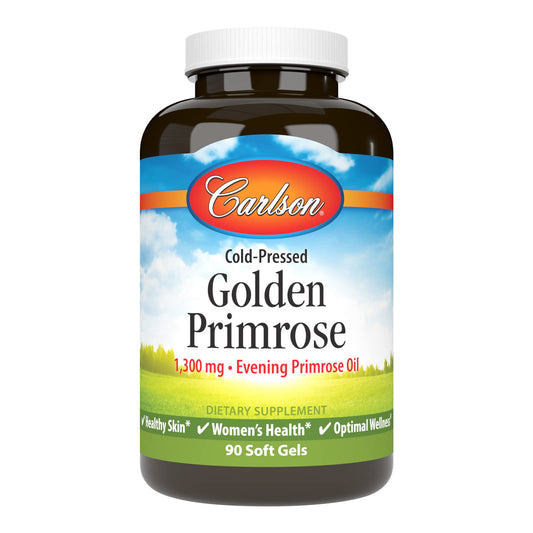 Carlson Golden Primrose Oil bottle on white background for skin support.