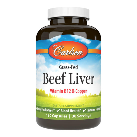 Carlson Grass-Fed Beef Liver bottle displays pasture-based nutrition for daily energy support