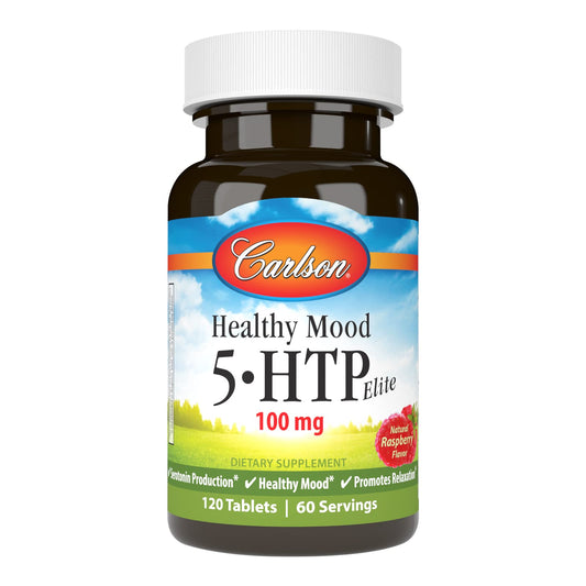 Carlson Healthy Mood 5-HTP Elite bottle front supports daily mood balance with raspberry flavor