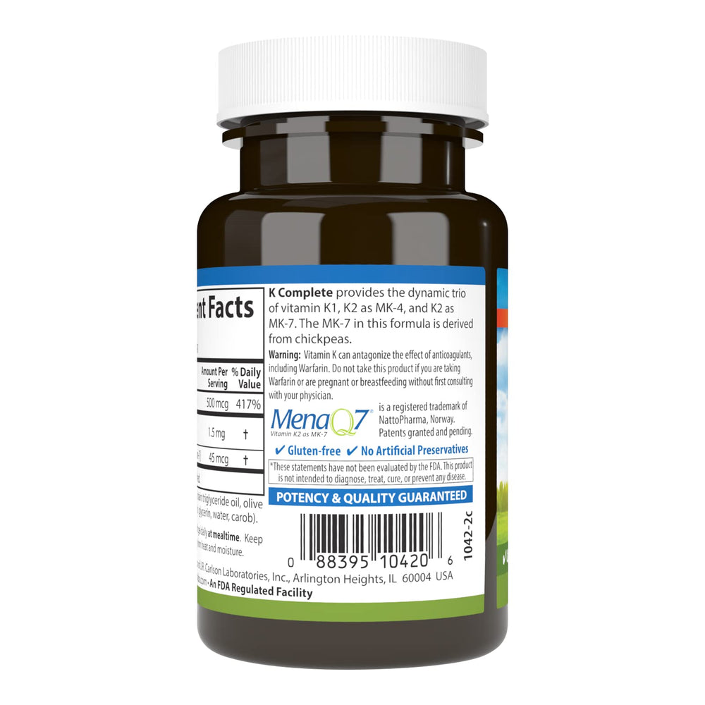 Carlson K1 and K2 MK-4 MK-7 ingredients printed on label
